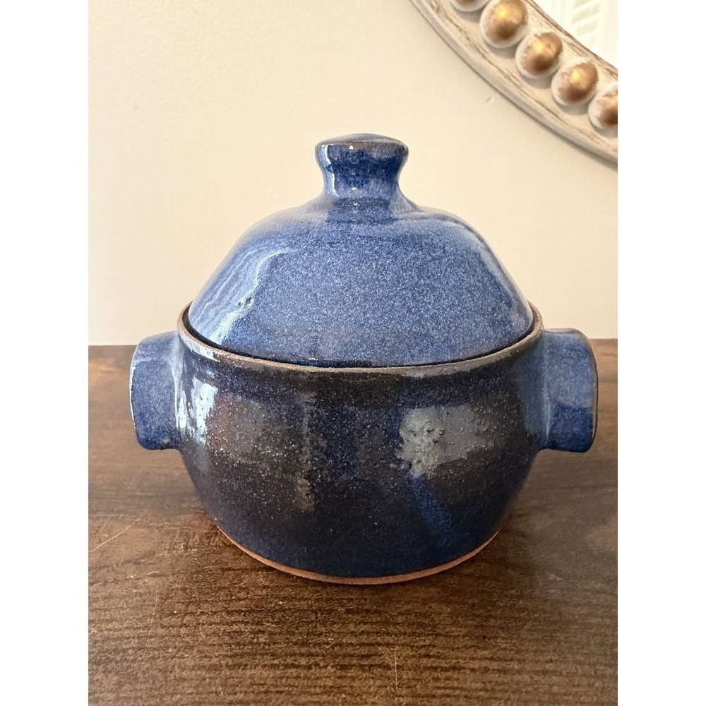 Vintage Hand-Thrown Studio Art Pottery Cobalt Blue Lidded Mini Crock Signed